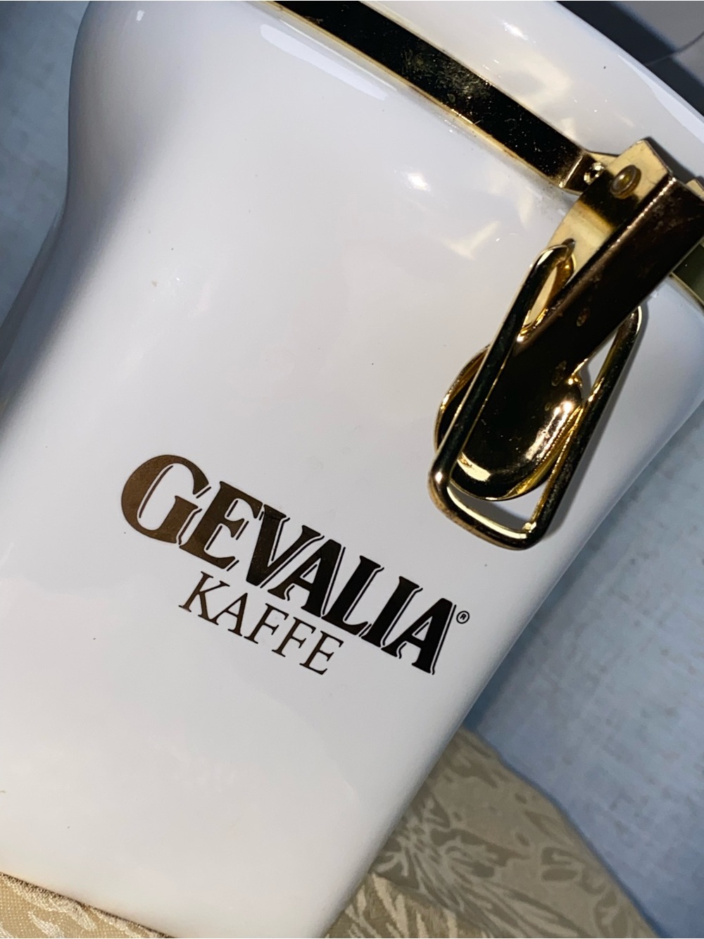 Gevalia Kaffe White and Gold Coffee Storage Canister